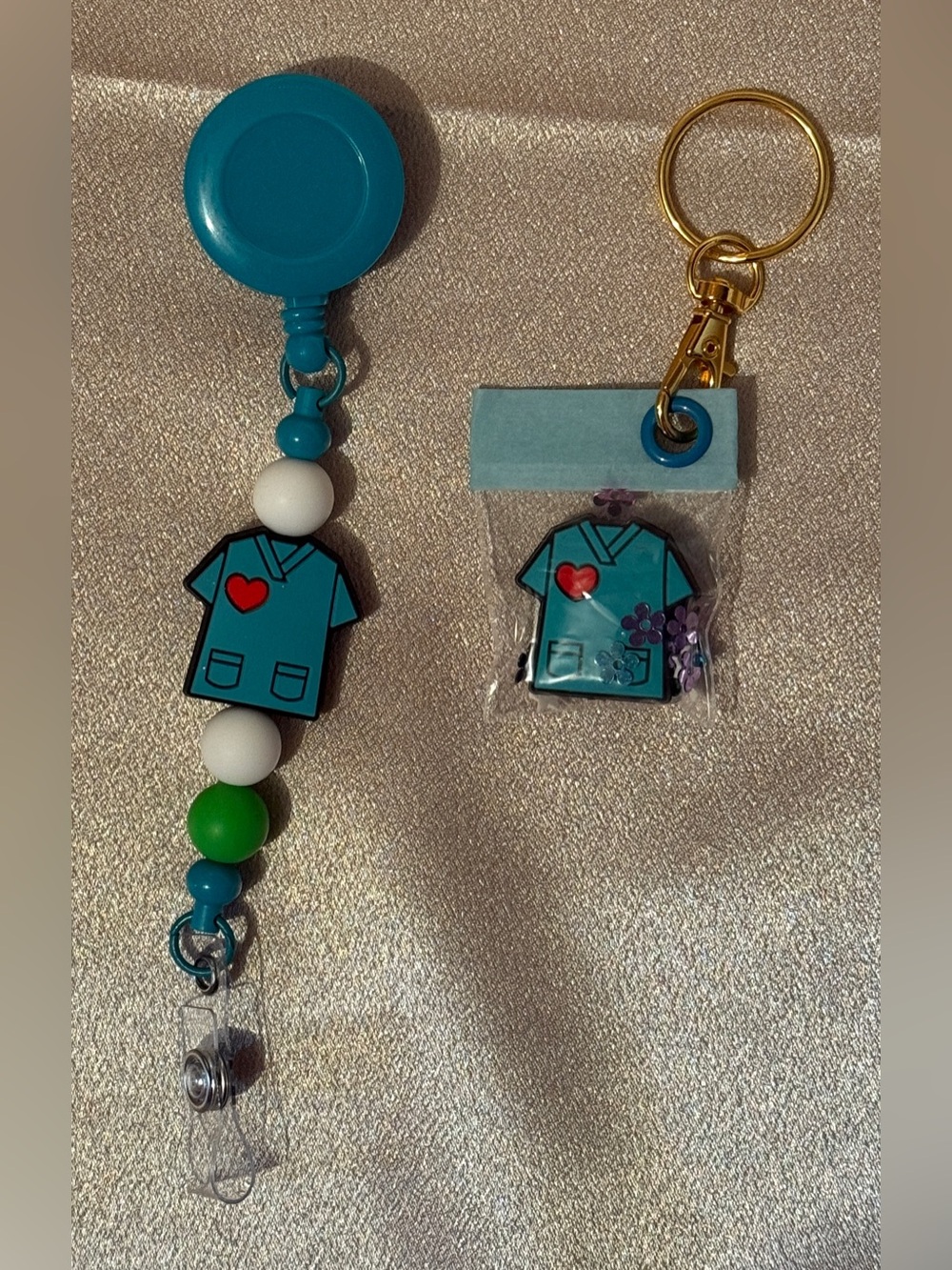 Handmade Beaded Preppy Teal Nurse Scrub Top Badge Reel & Keychain Set